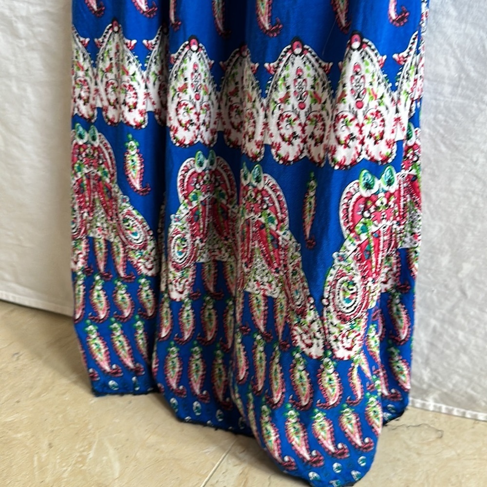 Royal blue print maxi halter dress with faux leather tie, size XS/S - Picture 4 of 9